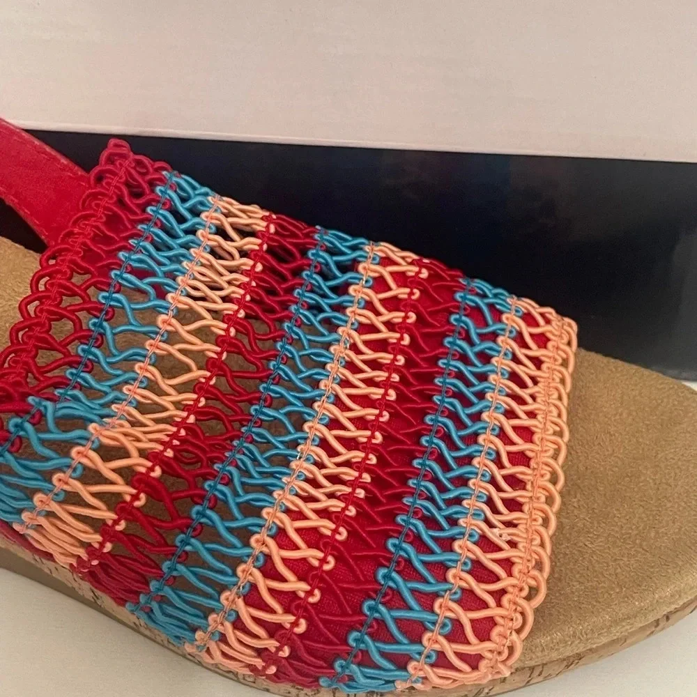 KAREN SCOTT Womens Cushioned Cork Wedge Slip On Slingback Sandal sz 8 red blue - Picture 2 of 13